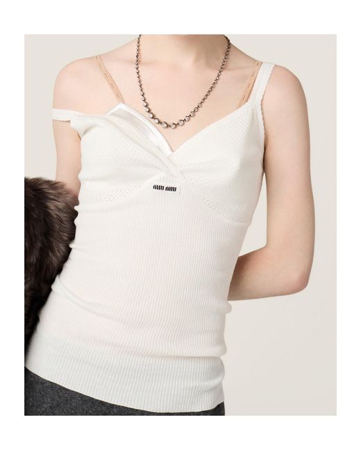 Miu Miu White Logo-Patch Ribbed Top