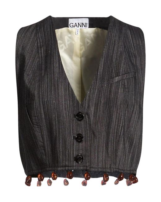 Ganni Black Solid Color Embroidered Top