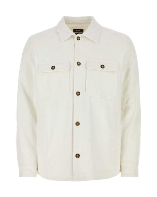 A.P.C. White Long Sleeved Buttoned Overshirt for men