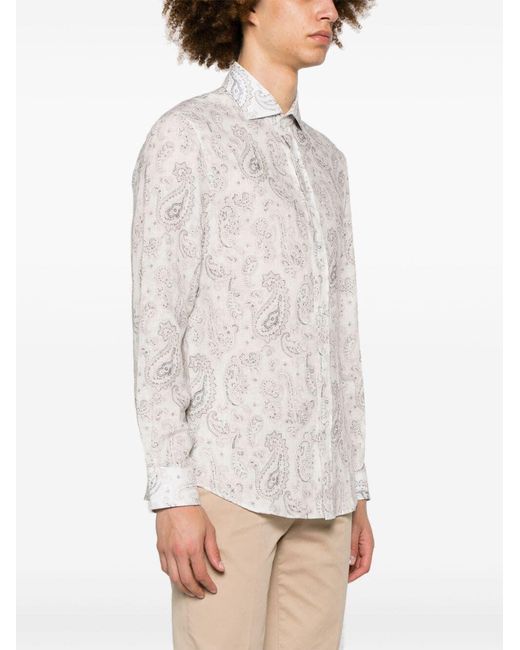 Brunello Cucinelli White Paisley-Printed Long Sleeevd Shirt for men