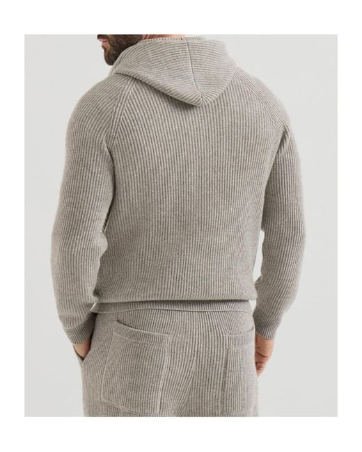 Brunello Cucinelli Gray Cashmere English Rib Hooded Knit Sweatshirt With Logo And Zipper for men