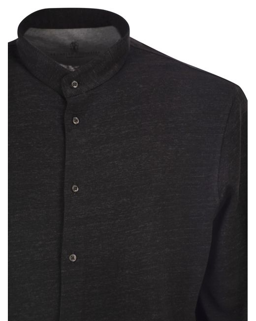 Brunello Cucinelli Black Mandarin-Collar Shirt for men