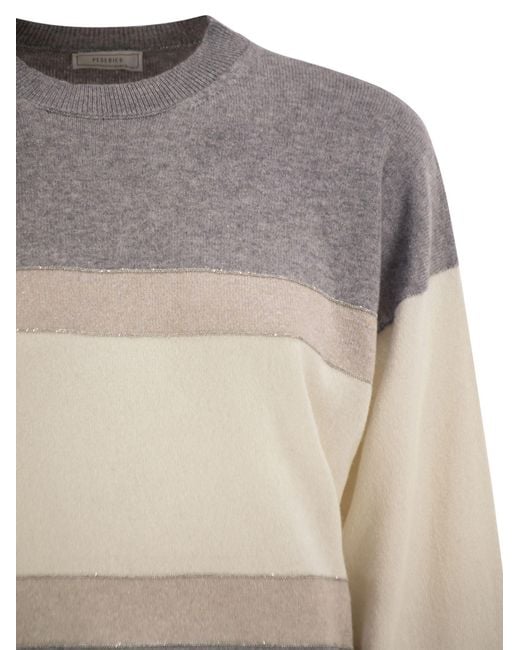 Peserico Gray Striped Crew-Neck Sweater