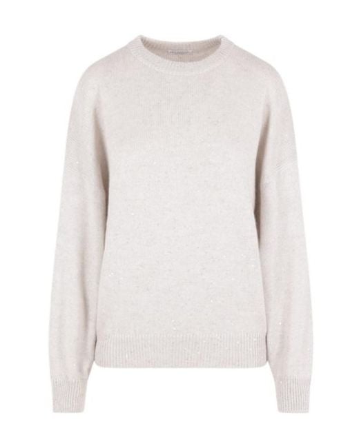 Brunello Cucinelli White Long-Sleeved Crewneck Jumper