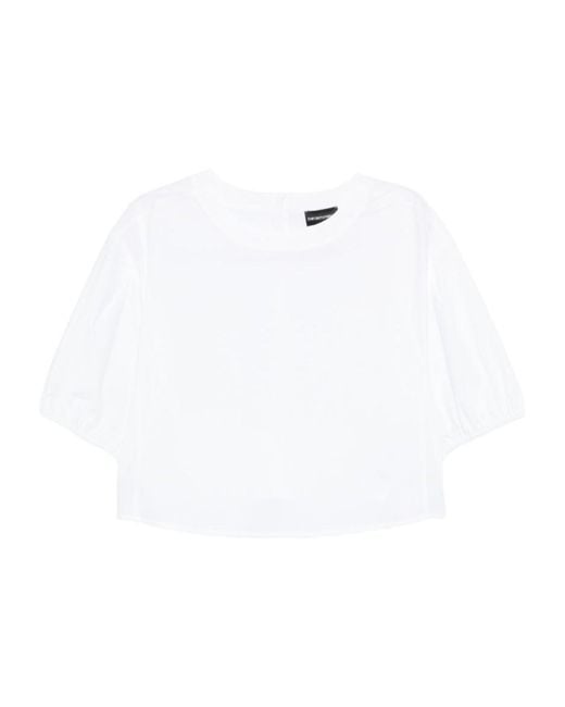 Emporio Armani White Crewneck Puff-Sleeved Blouse