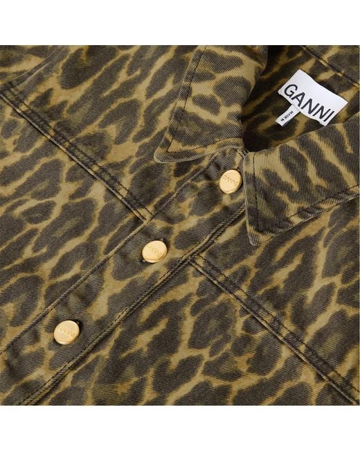 Ganni Green Leopard Print Denim Dress