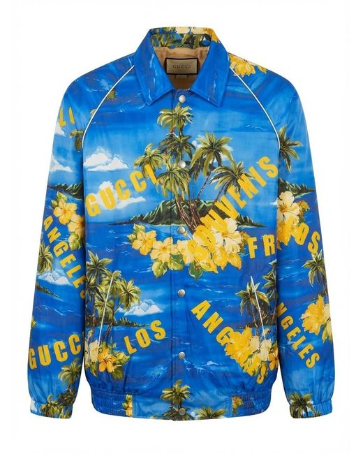 Gucci Blue Tropical Printed Press-Stud Fastened Jacket for men