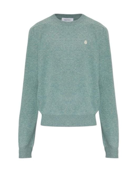 McQueen Green Skull Embroidered Crewneck Jumper for men