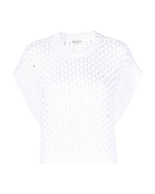 Brunello Cucinelli White Open-Knit Cropped Blouse