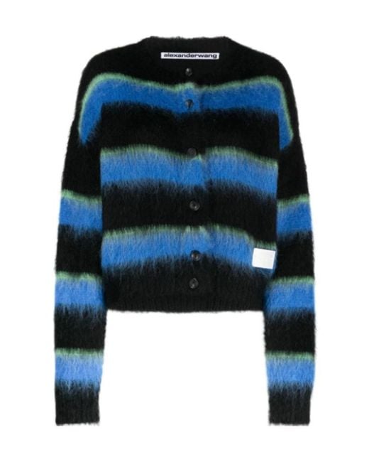Alexander Wang Blue Striped Crew-Neck Brushed Cardigan