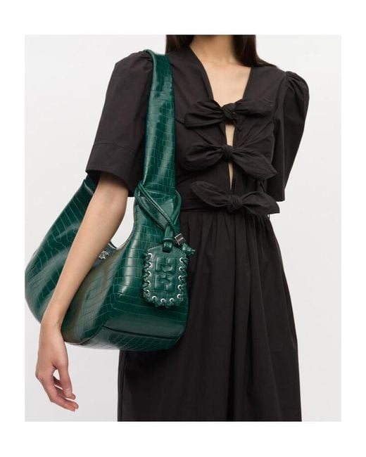 Ganni Green Embossed Zipped Shoulder Bag