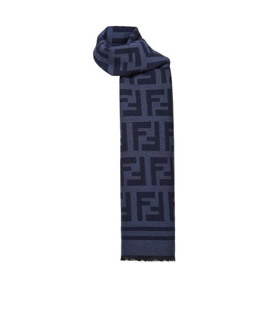 Fendi Blue Ff Motif Frayed-Edge Scarf for men