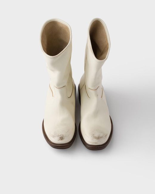 Prada Natural Leather Vintage-Effect Mid-Calf Boots 30