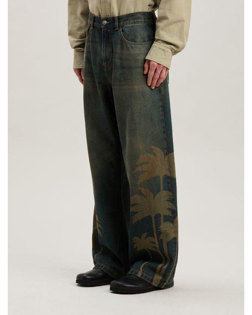 Palm Angels Green Laser Palm Wide Leg Jeans for men