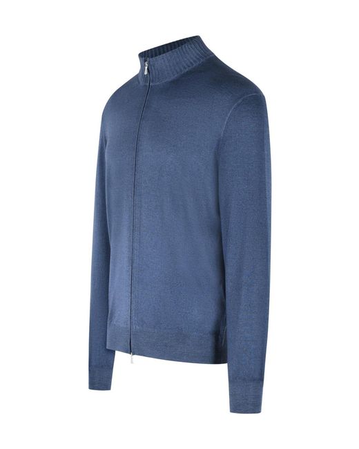Gran Sasso Blue Ribbed Collar Zip Knitted Sweater for men