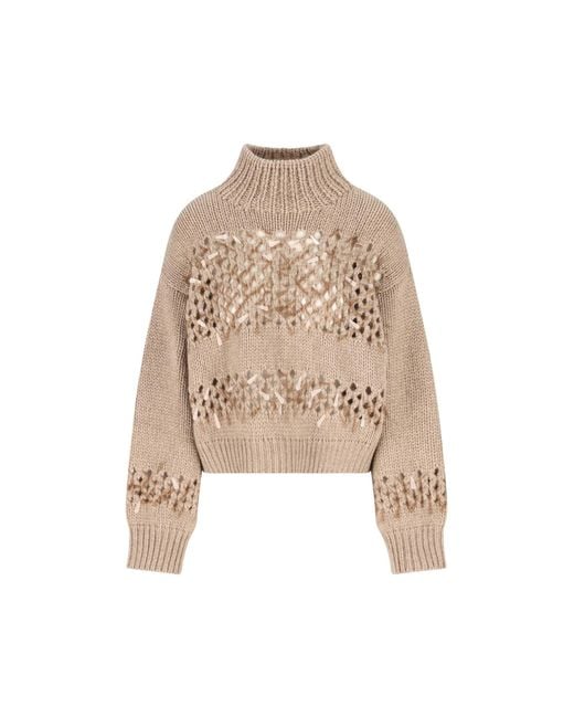 Brunello Cucinelli Natural Embellished Turtleneck Jumper