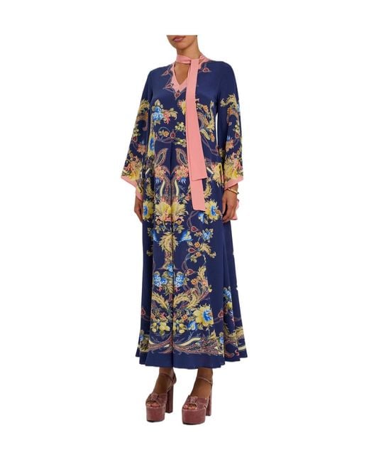 Etro Blue Printed Scarf-Effect Silk Maxi Dress