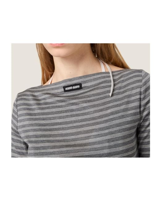 Miu Miu Gray Striped Jersey Mini-Dress
