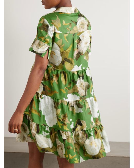Erdem Green Layered Pleated Print Mini Shirt Dress