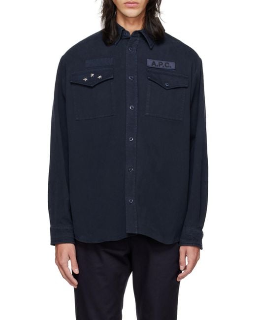 A.P.C. Blue Logo-Patch Buttoned Shirt Jacket for men