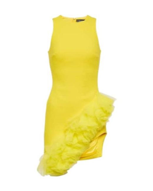 David Koma Yellow Ruffled Virgin Wool Crepe Minidress