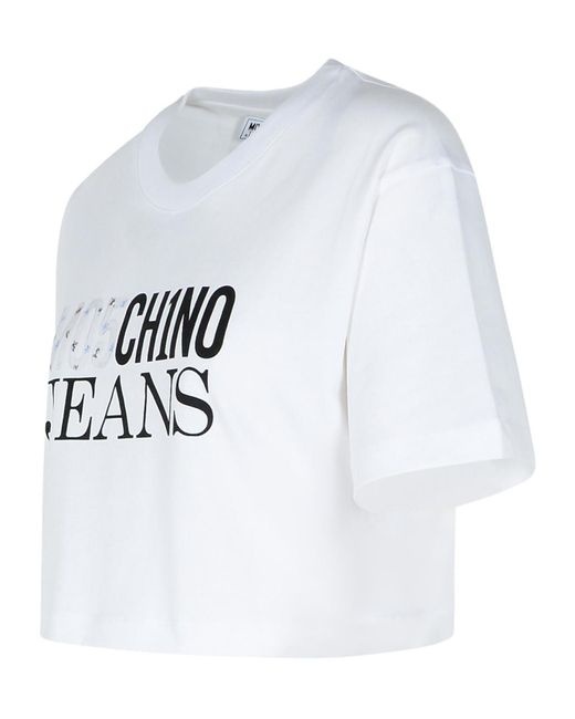 Moschino White Jeans Logo Printed Cropped Jersey T-Shirt