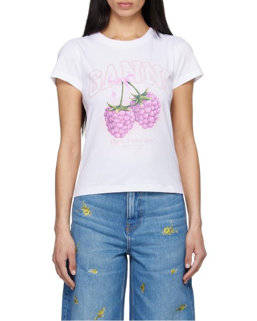 Ganni White Raspberry Print Baby Fit T-Shirt