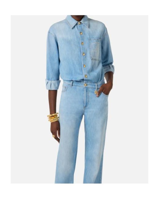 Elisabetta Franchi Blue Lettering Denim Jumpsuit