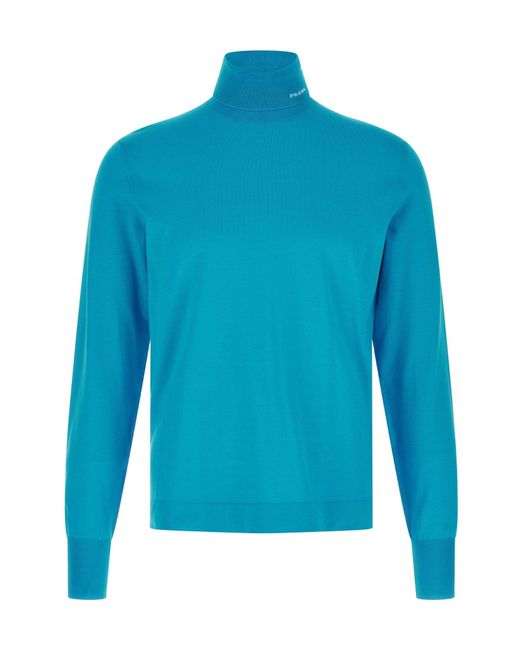 Prada Blue Cotton Turtleneck Sweater for men
