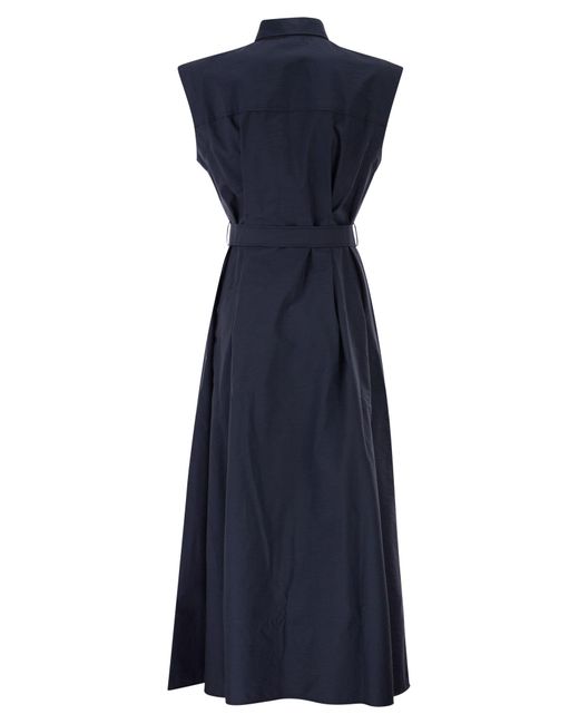 Brunello Cucinelli Blue Long Sleeveless Cotton Dress With Belt