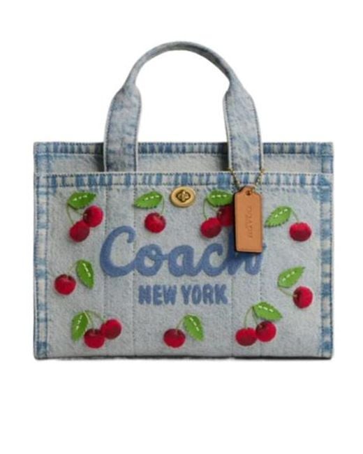 COACH Blue Cargo Tote Bag 26 With Cherry Embroidery