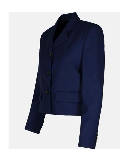 MSGM Blue Buttoned Long-Sleeved Cropped Blazer