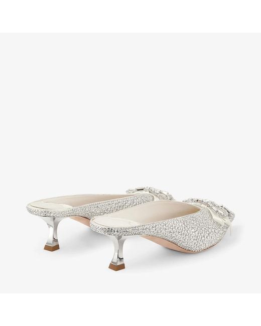 Jimmy Choo White Ivory Satin And Princess Crystal Hotfix Mules With Bow Embellishment