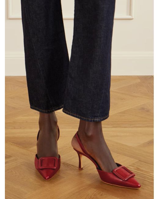 Manolo Blahnik Red Mayslibi 70 Lizard-Effect Leather Slingback Pumps
