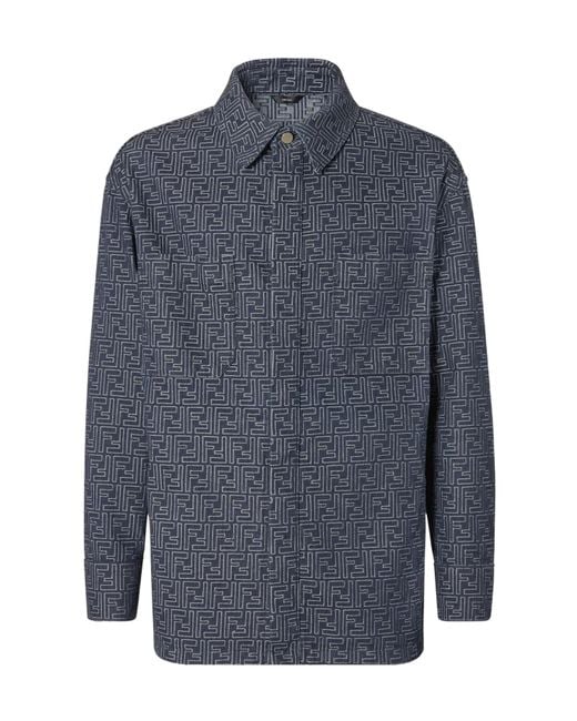 Fendi Blue Ff Jacquard Denim Collared Jacket for men