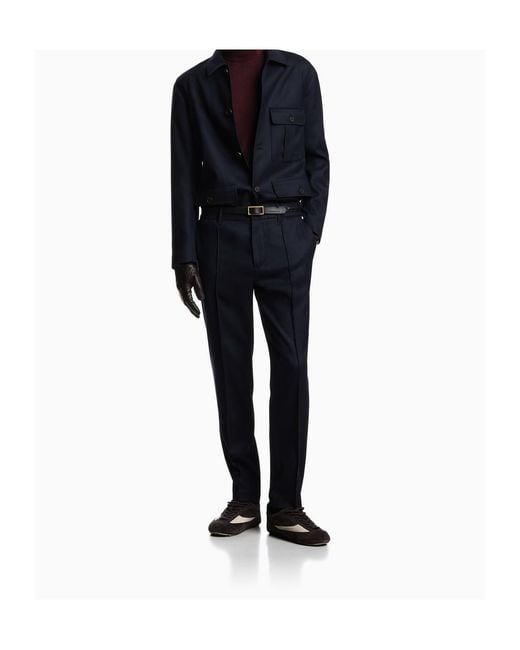 Emporio Armani Blue Stretch-Twill Virgin-Wool Trousers With Ribbing for men