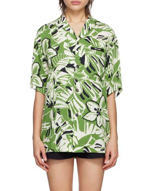 Palm Angels Green Hibiscus-Print Short-Sleeve Shirt for men
