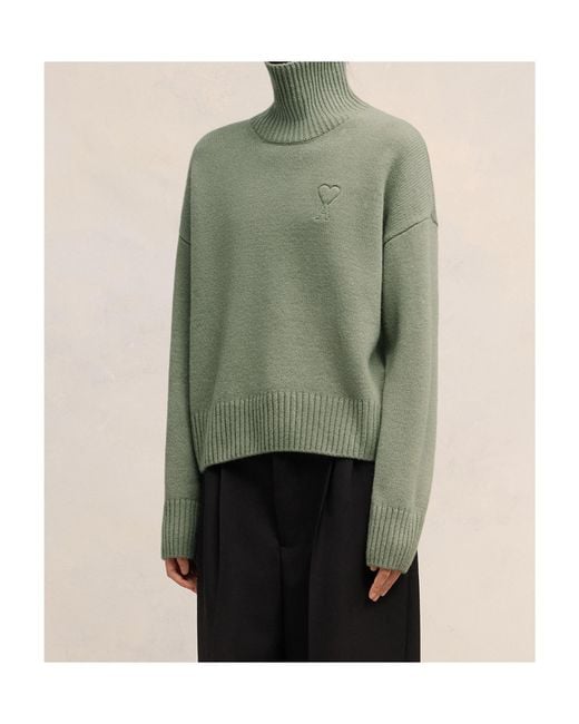 AMI Green Logo Embroidered Turtleneck Jumper