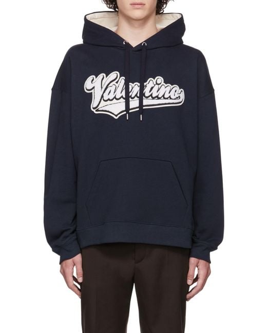 Valentino Blue Logo Flocked Drawstring Hoodie for men