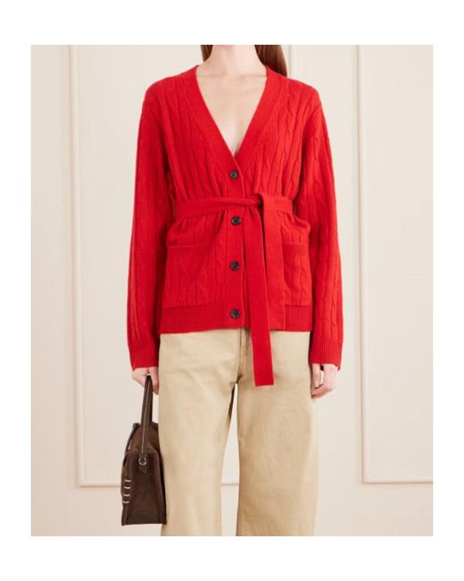 Nili Lotan Red Tirza Belted Cable-Knit Cashmere Cardigan