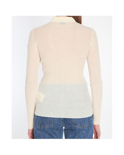 Moncler Natural Long-Sleeved Fine Ribbed Polo Top