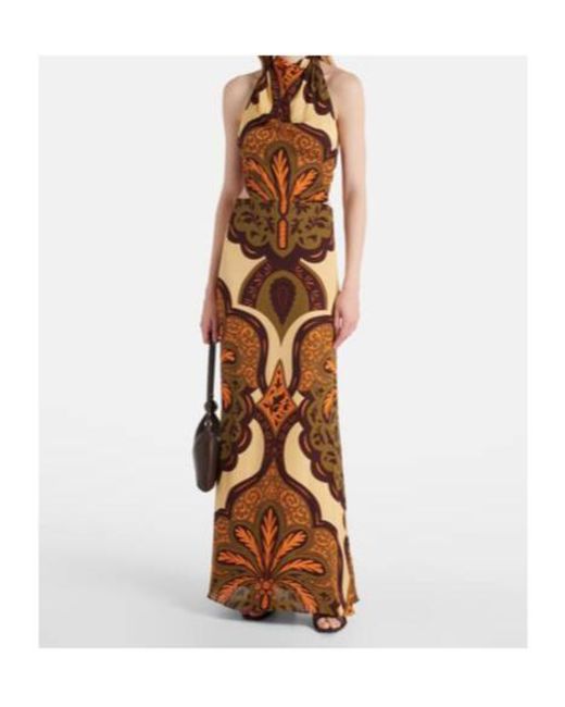 Johanna Ortiz Brown Halterneck Printed Silk Maxi Dress
