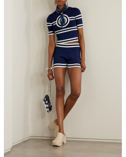 Rabanne Blue Logo Inlaid Striped Ribbed Knit Shorts