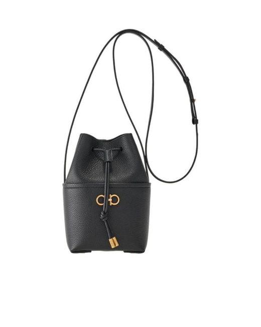 Ferragamo Black Ferragamo Gancini Logo Plaque Drawstring Tote Bag