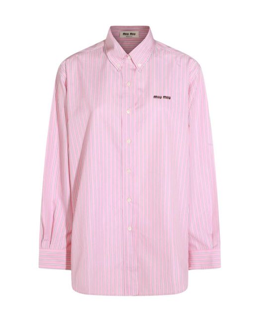 Miu Miu Pink Logo-Embroidered Striped Shirt