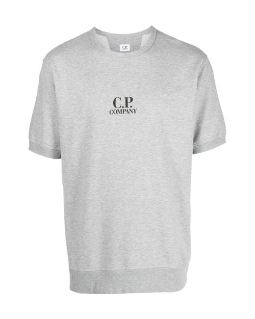 C P Company Gray Logo Printed Cotton T-Shirt for men