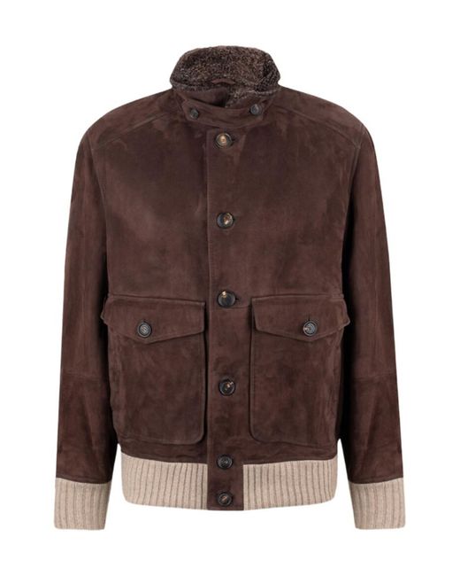 Brunello Cucinelli Brown High-Necked Long-Sleeved Leather Jacket for men