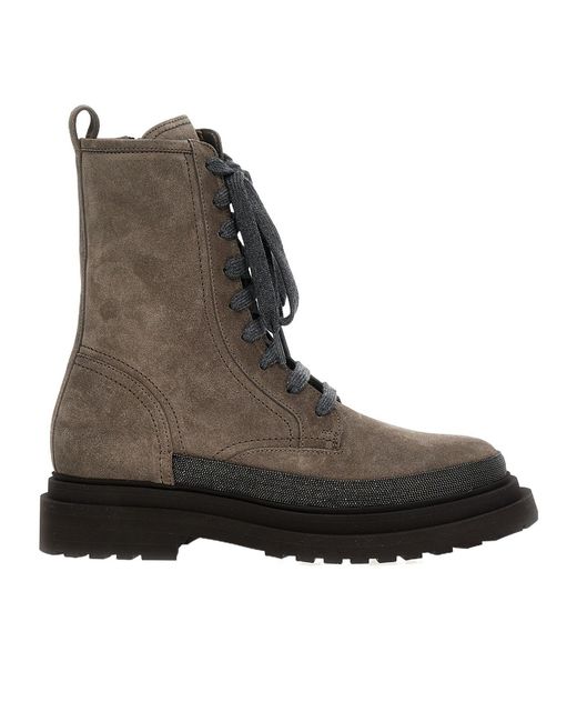 Brunello Cucinelli Brown Monile-Detailed Lace-Up Ankle Boots