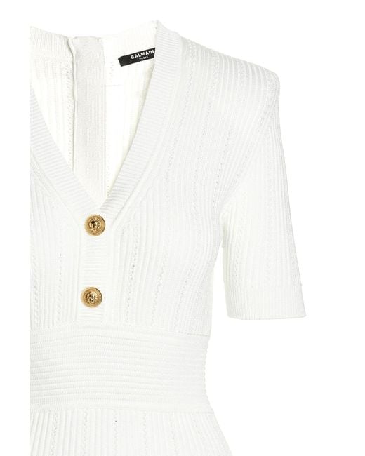 Balmain White Ribbed-Knit Buttoned Minidress