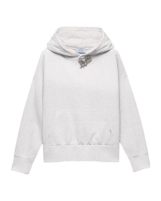 Prada White Cotton Fleece Hoodie With Jewel Brooch